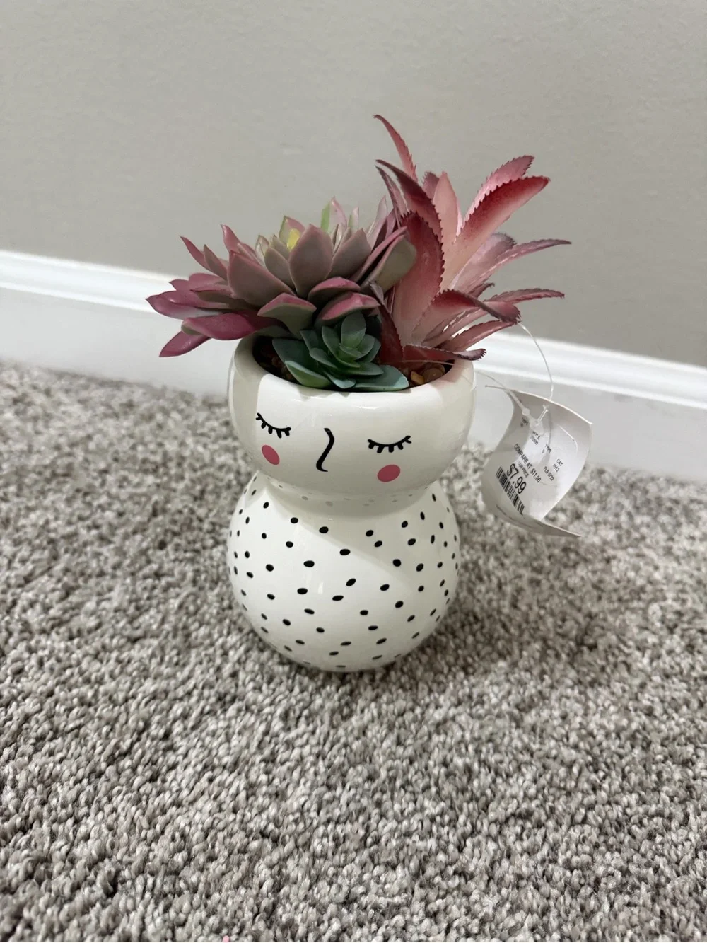 Ceramic Polka Dot Face Planter with Pink Faux Succulents